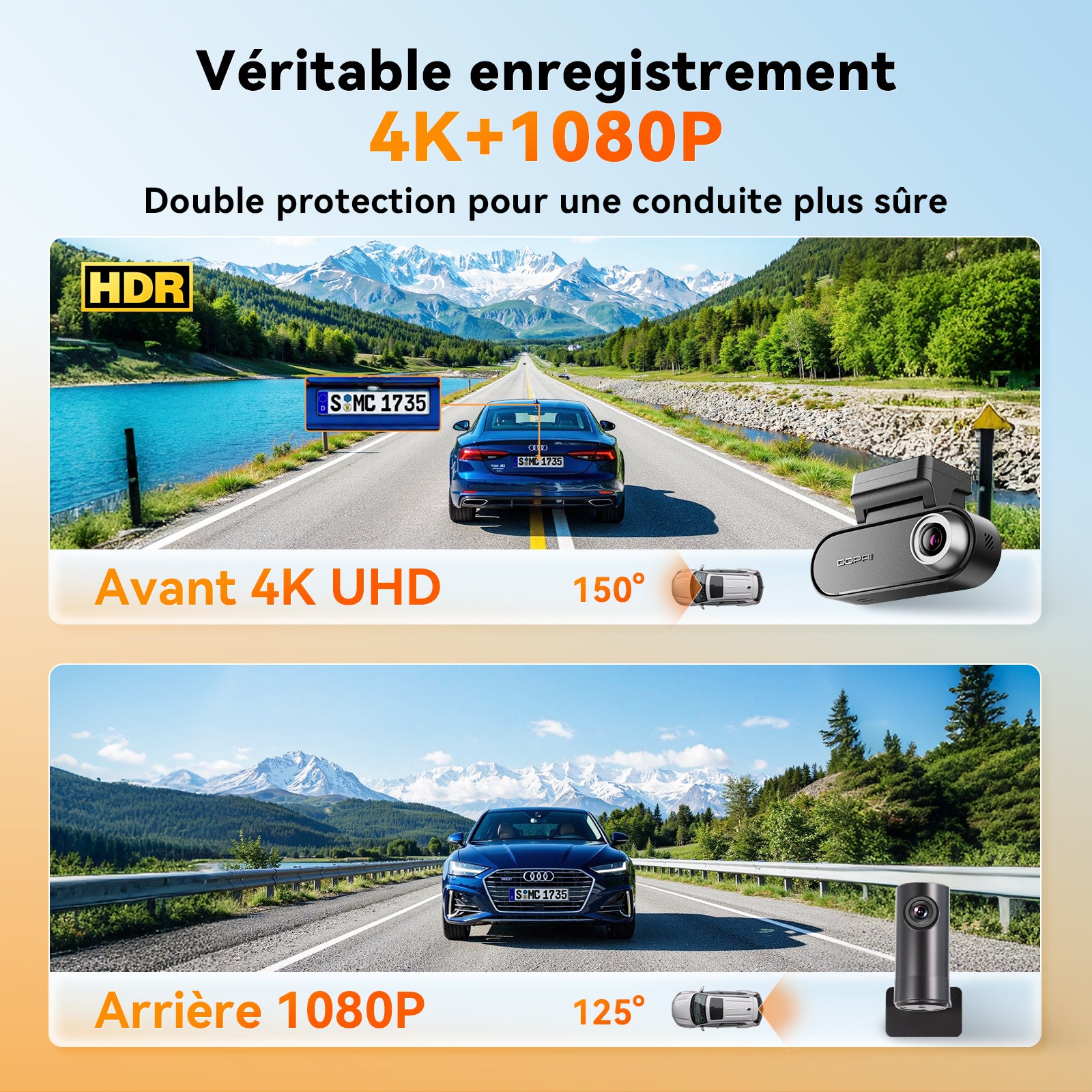 Caméra embarquée DDPAI N5 double 4K avant et arrière, caméra de voiture 2160P+1080P, GPS, Wi-Fi 5G, eMMC 32 Go intégré, vision nocturne, mode stationnement 24 h, application intelligente