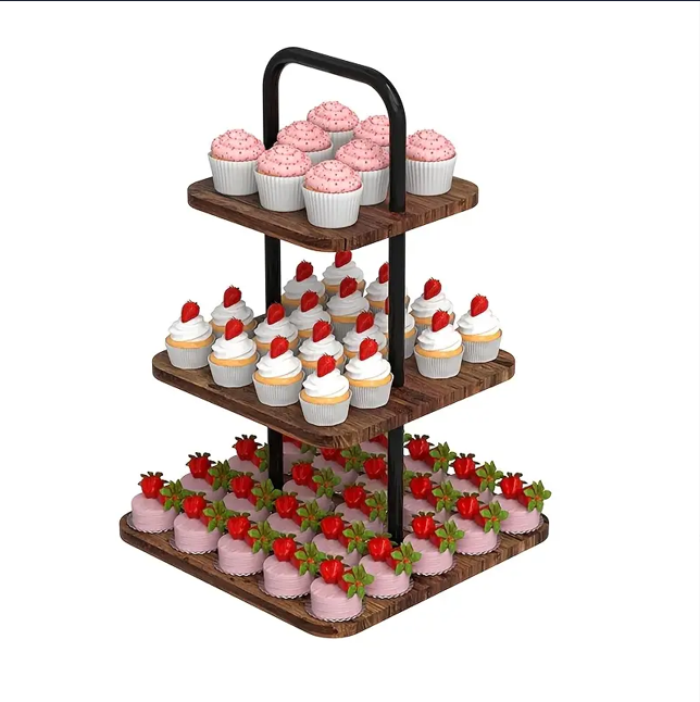 SRD Présentoir à gâteau carré avec plateau en bois de récupération et cadre en fer 18,5 x 12,04 x 12,04 po