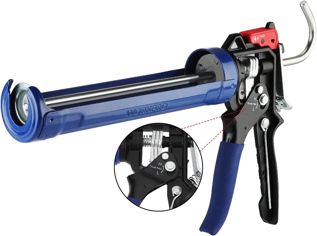 WORKPRO Pistolet à mastic, rapport de course réglable 9:1 et 18:1, pour cartouches de 290 à 310 ml, mastics, silicones et adhésifs