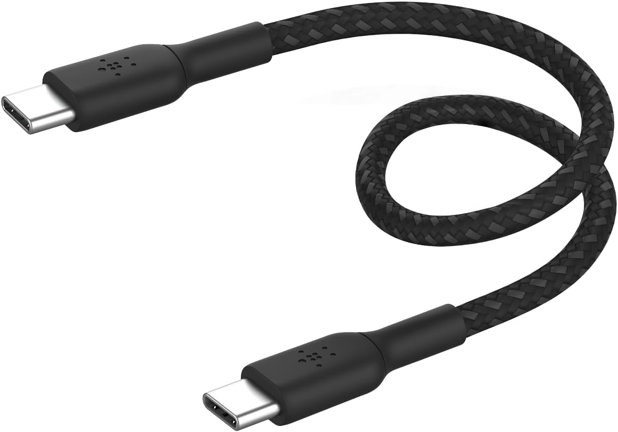 Belkin BoostCharge Câble tressé USB-C vers USB-C 15 cm compatible iPhone 16/16 Pro/16 Pro Max/16 Plus, Galaxy S24/S23/Note10/Note9, Pixel 9/8, iPad Pro - Noir