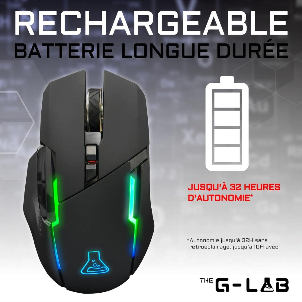 THE G-LAB Kult Caesium Souris gaming sans fil 7200 DPI, 6 boutons, Éclairage RGB, Noir