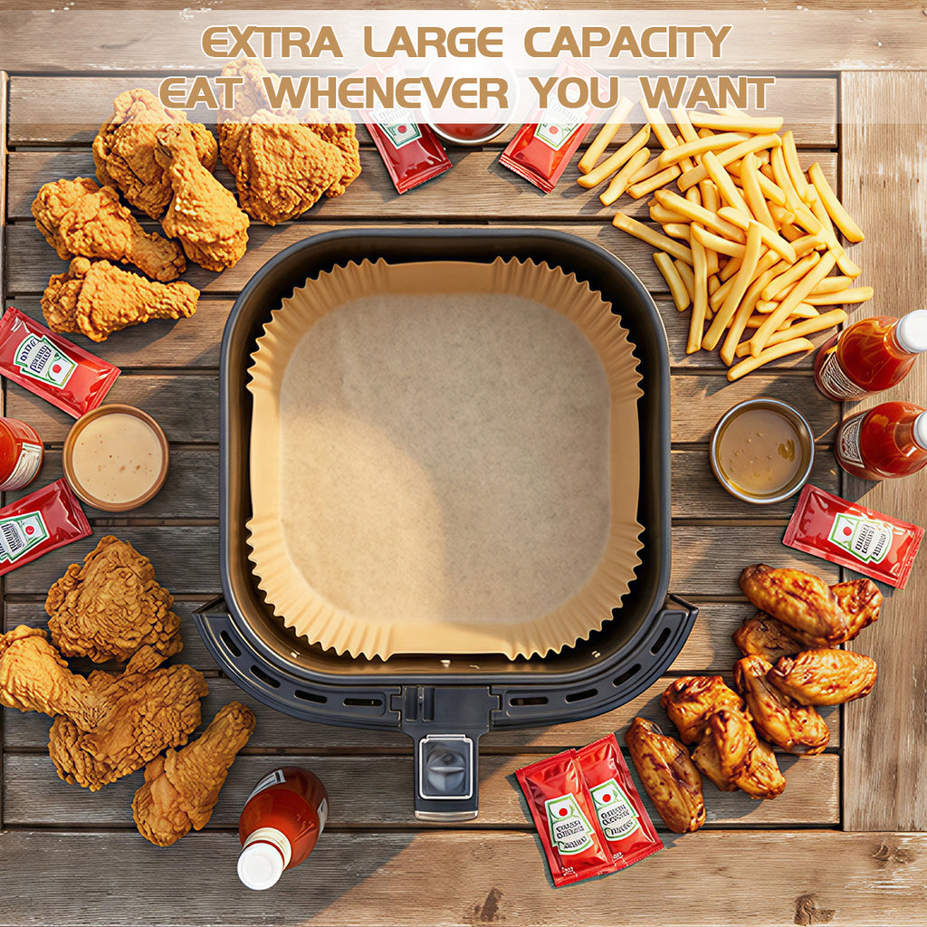 Feuilles de Papier Cuisson pour Friteuse à Air, Carrés Antiadhésifs Prédécoupés pour un Nettoyage Facile, Inserts Jetables pour Cuisson Sans Salissures – Lot de 100 pièces 20×20×4,5cm