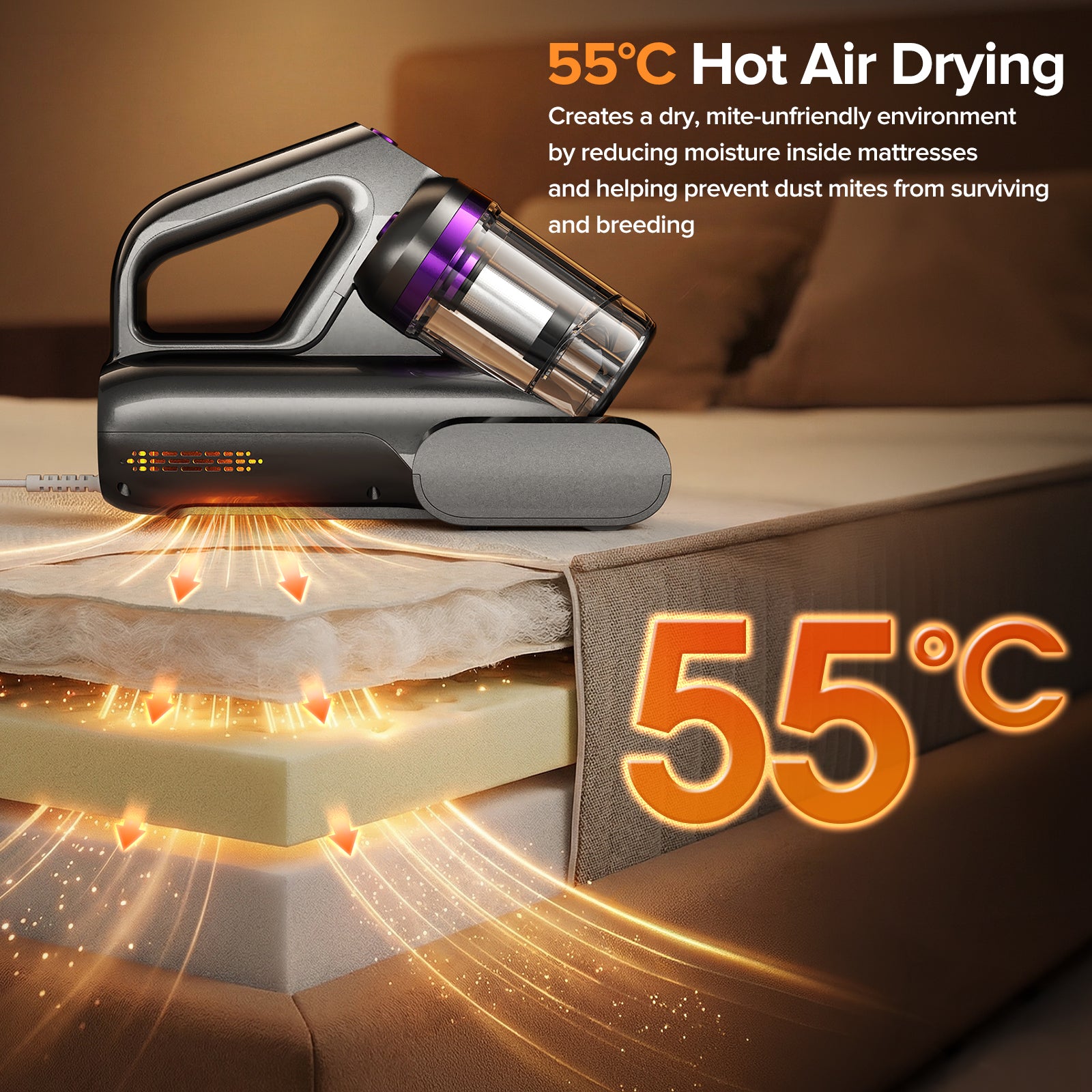 Lubluelu Aspirateur matelas UV anti-acariens CM208 aspiration 15 kPa séchage à l'air chaud 55 °C