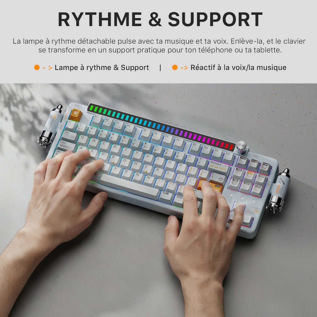 KEYSME Lunar 01 clavier mécanique 80 % triple mode, disposition QWERTY US, montage sur joints avec éclairage rythmique, interrupteurs remplaçables à chaud