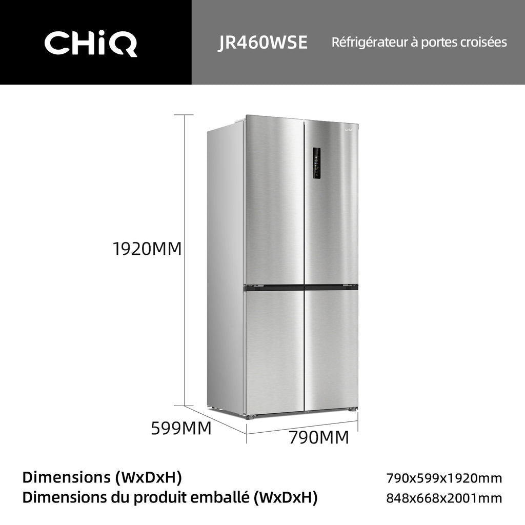 CHiQ Réfrigérateur à portes croisées 458 L, Design encastrable affleurant KITFIT, 191 cm H, Zone Care+ et contrôle de l’humidité, Inverter intelligent, Acier argenté élégant (JR460WSE)