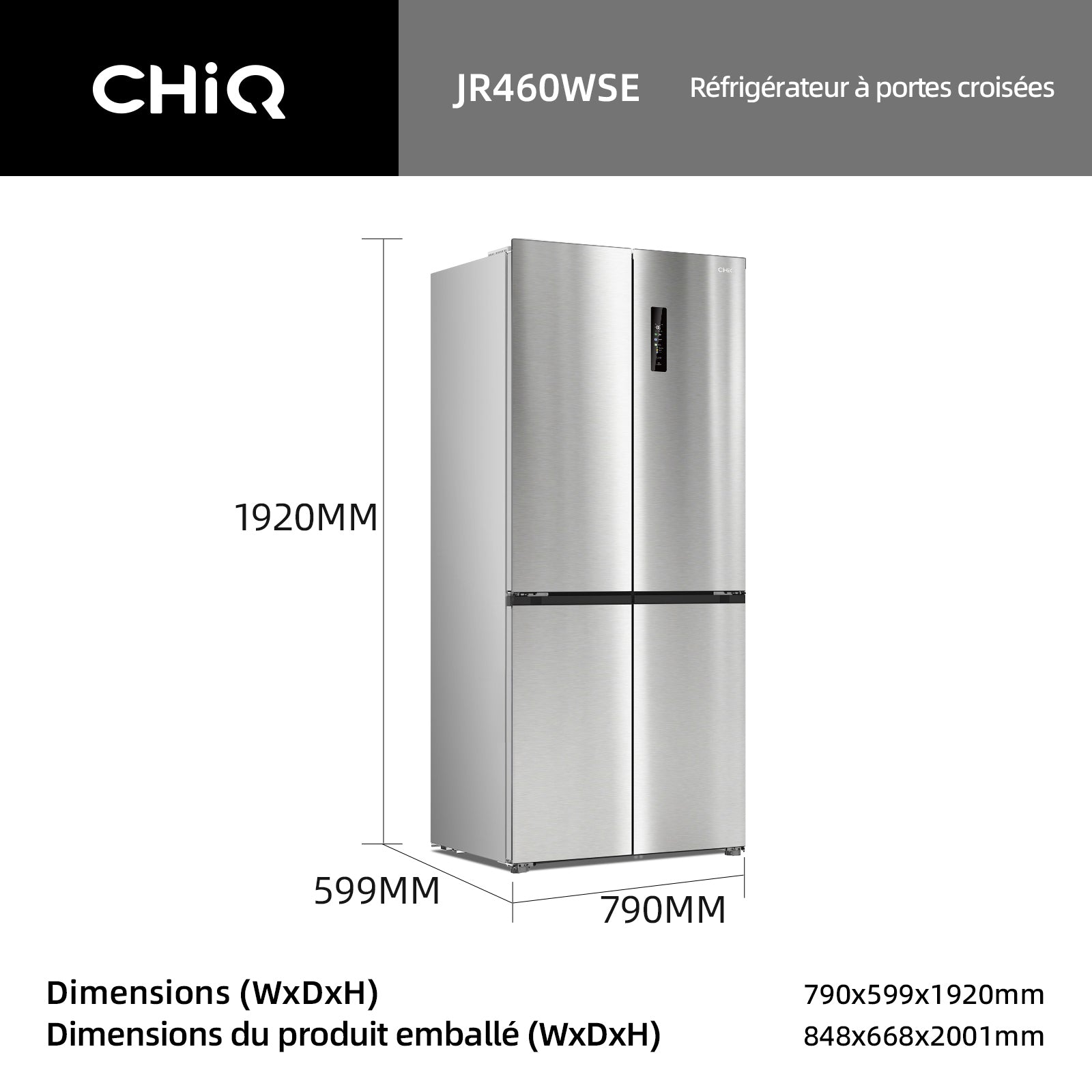 CHiQ Réfrigérateur à portes croisées 458 L, Design encastrable affleurant KITFIT, 191 cm H, Zone Care+ et contrôle de l’humidité, Inverter intelligent, Acier argenté élégant (JR460WSE)