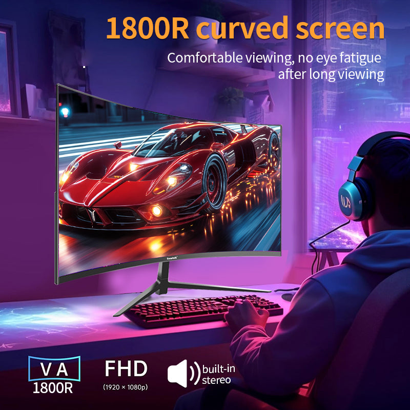 Gawfolk Moniteur de jeu incurvé 27 po : écran VA FHD 1080P 100 Hz 1800R, 100 % sRGB, synchronisation adaptative, haut-parleurs intégrés, HDMI/VGA, compatible fixation VESA