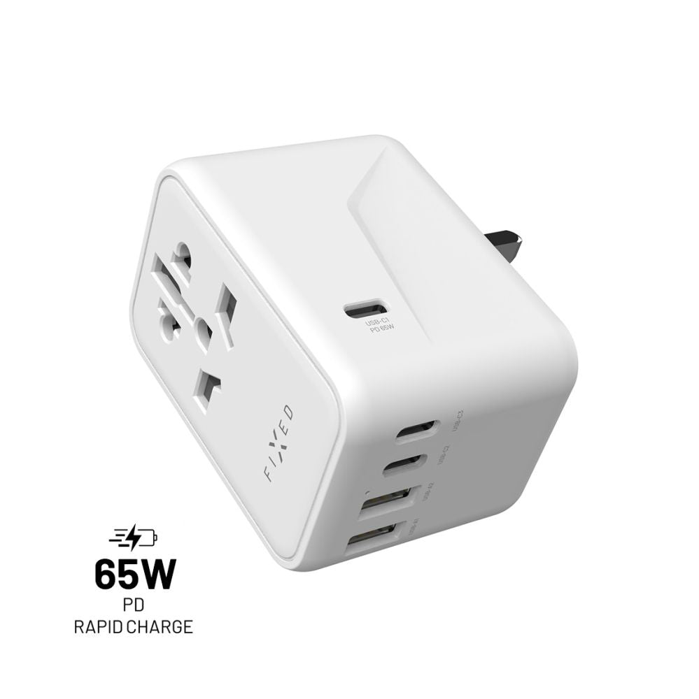 FIXED Adaptateur de voyage universel 3 x USB-C / 2 x USB 65 W GaN blanc