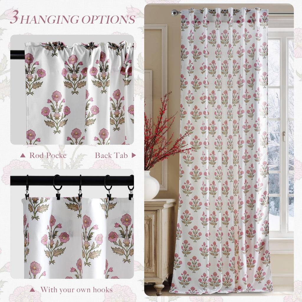 PONY DANCE Rideaux en Lin Floral Imprimé Motif Rose pour Chambre de Fille Chambre Bébé, Bohème Maison de Campagne Rideaux de Fenêtre Transparents Aesthétique Filtrant la Lumière