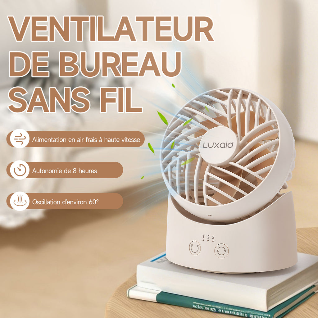 Luxaid Mini ventilateur de bureau, oscillation à 60°, 3 vitesses, batterie 1800 mAh avec chargement USB-C, autonomie continue de 8 h, compact et portable