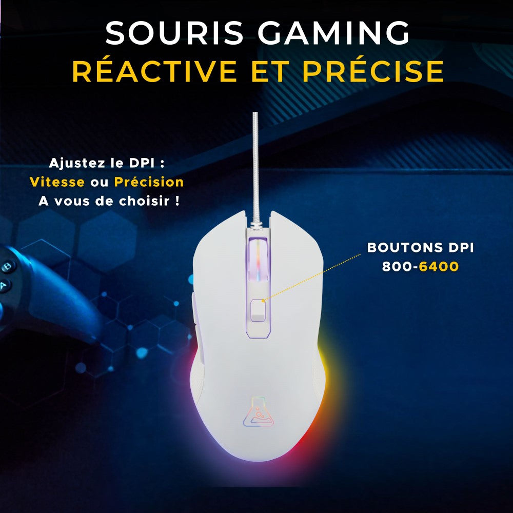 THE G-LAB Hydrogen Combo Set Clavier et Souris Gaming Filaire - AZERTY, 7200 DPI, 6 Boutons - Blanc/Gris