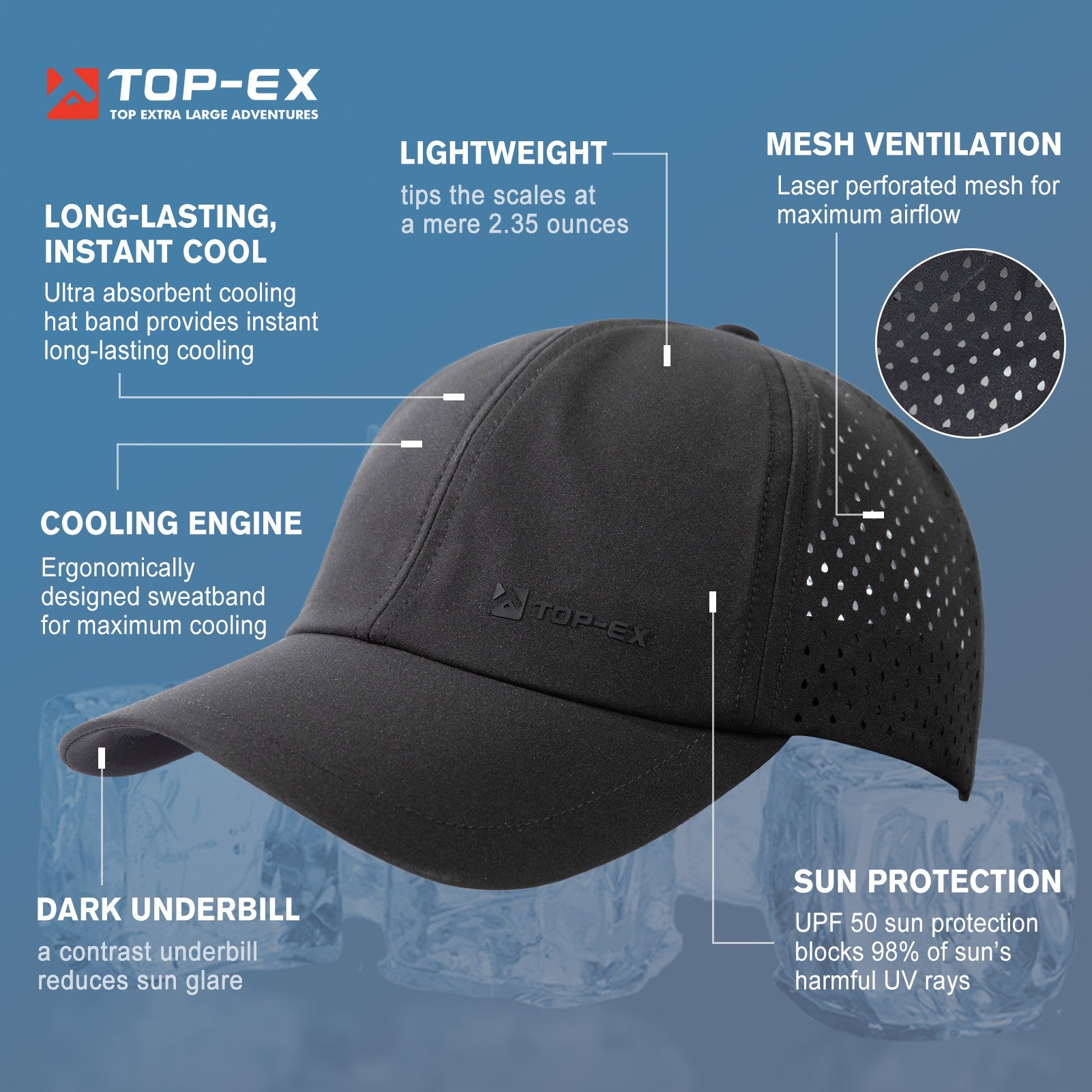 TOP-EX Casquettes de baseball non structurées de course en maille respirante, séchage rapide, bandeau anti-transpiration rafraîchissant, M/L, Noir
