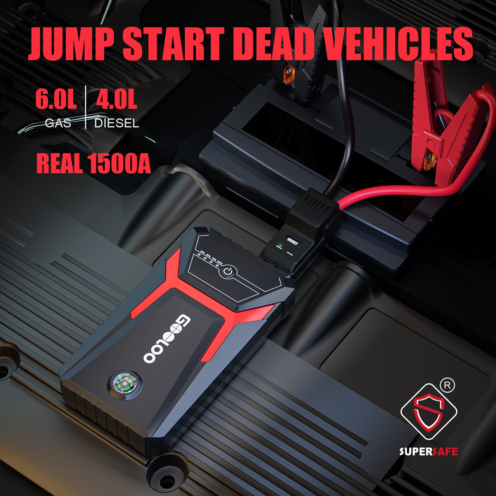(GOOLOO10) Démarreur de voiture GOOLOO GE1500 avec batterie externe, démarreur de secours 1500 A, boosteur de batterie de voiture 12 V extrêmement sûr