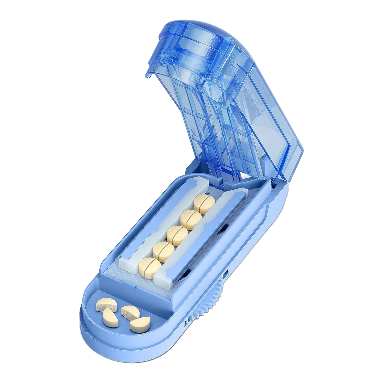 Coupe-Pilules VVM Professionnel Ajustable pour Petites et Très Petites Pilules, Lame en Acier Inoxydable Cachée, Coupe Plusieurs Pilules en Toute Sécurité à la Fois, Bleu