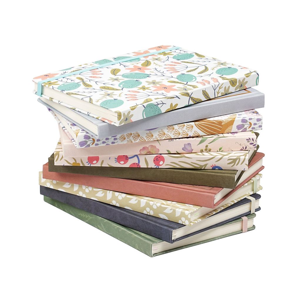 Jubiluu Carnet ligné A5 à couverture rigide en tissu floral - 96 feuilles (papier offset 100 g), Marque-page et élastique - Journal ligné crème classique pour écriture, école