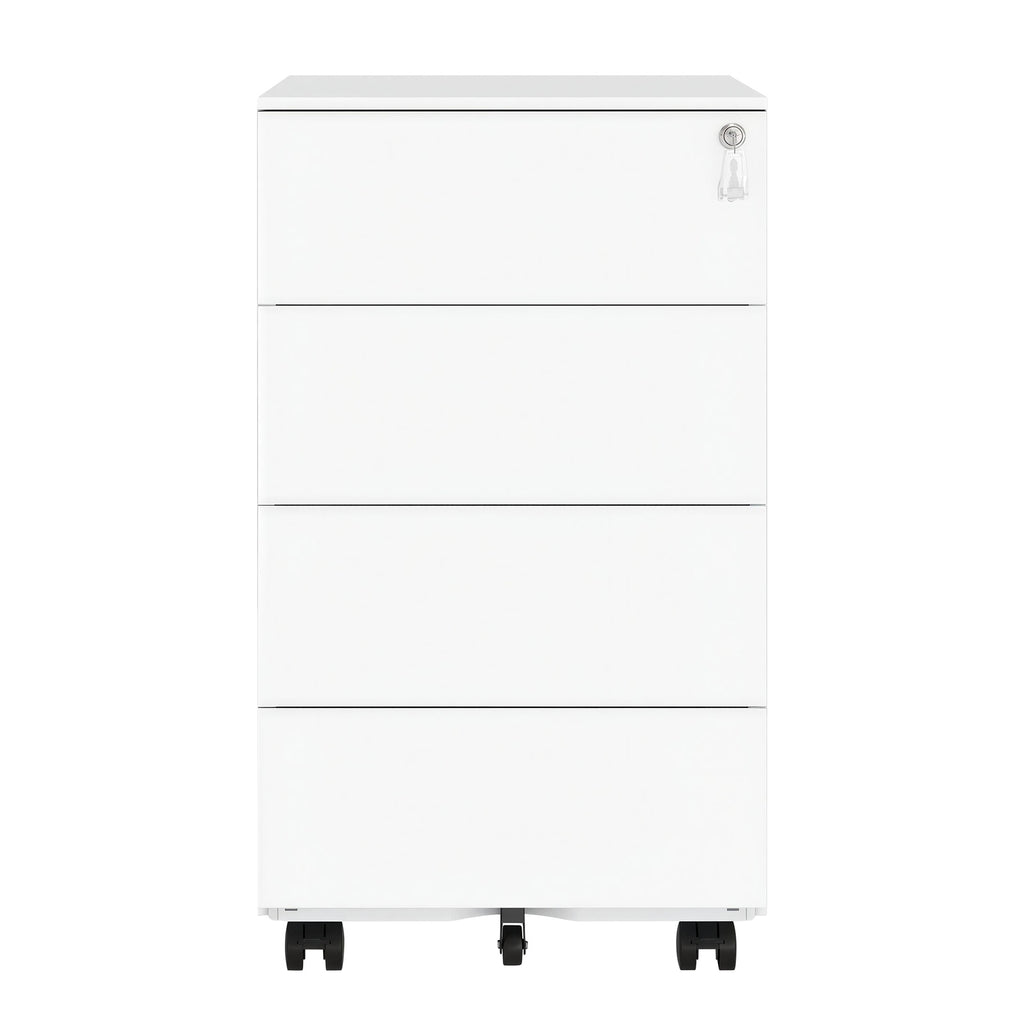 JOYFURNOS Armoire à dossiers mobile préassemblée blanc nuage – verrouillable, 4 tiroirs, rangement pour documents et fournitures