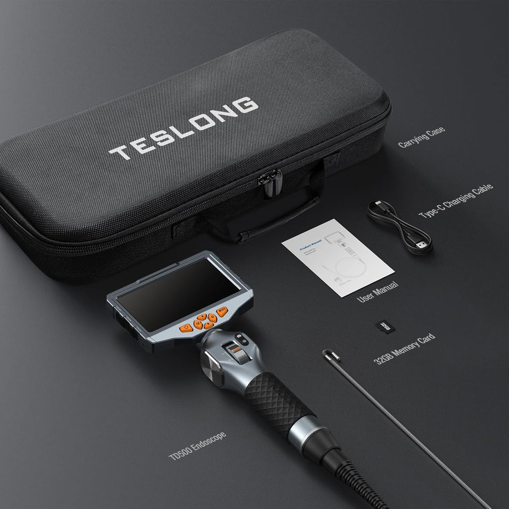 Teslong TD500 Caméra d’inspection articulée bidirectionnelle 3,9 mm avec éclairage, Endoscope à écran IPS 5 po avec sonde articulée, Caméra boroscope avec éclairages
