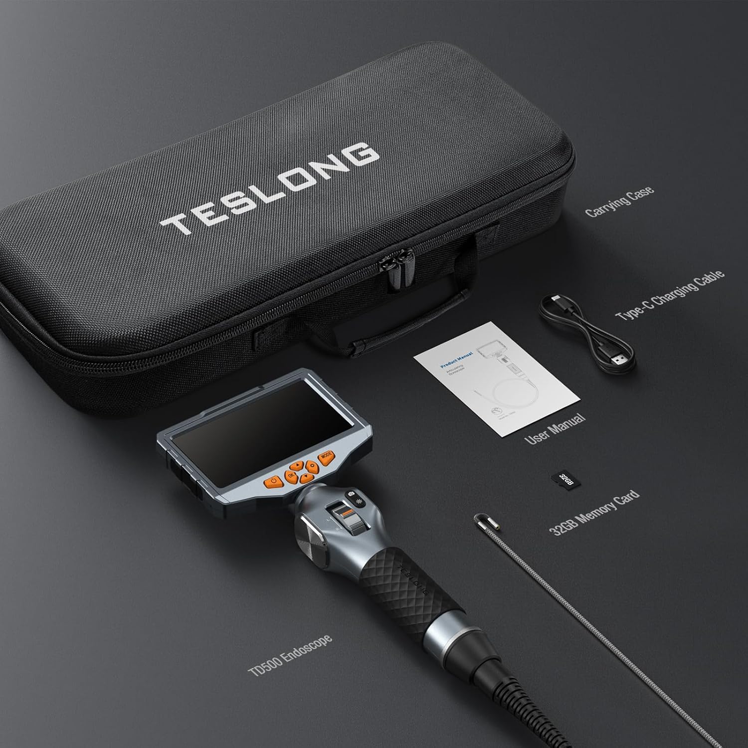 Teslong TD500 Caméra d’inspection articulée bidirectionnelle 3,9 mm avec éclairage, Endoscope à écran IPS 5 po avec sonde articulée, Caméra boroscope avec éclairages