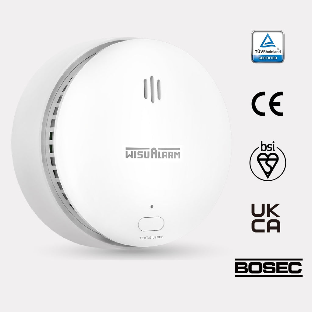 WISUALARM Détecteur de fumée pour maison, Pile 10 ans, Alarme incendie avec bouton test/silence, Détecteur de fumée certifié TÜV conforme EN14604 (2 pièces)
