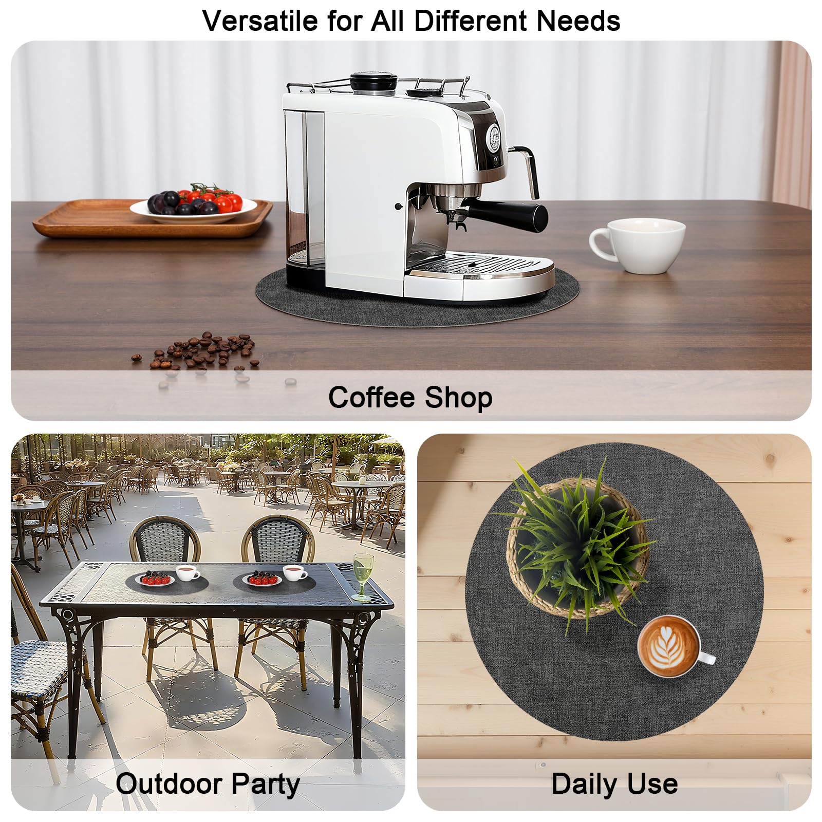 WhereHike Sets de table ronds de 14,9 po, Tapis de table double face en similicuir résistants à la chaleur, Sets de table protecteurs imperméables, résistants à l'huile et lavables, Vinyle essuyable pour utilisation intérieure et extérieure, 6 pièces