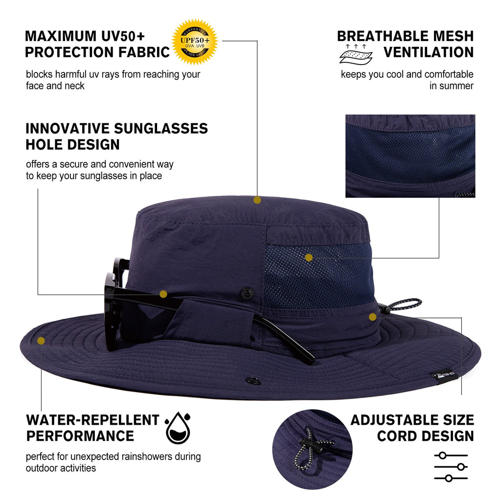 TOP-EX Chapeau de pêche pour homme avec protection UV, couvre-nuque à effet froid, emplacement pour lunettes, bords larges, taille M/L - Navy