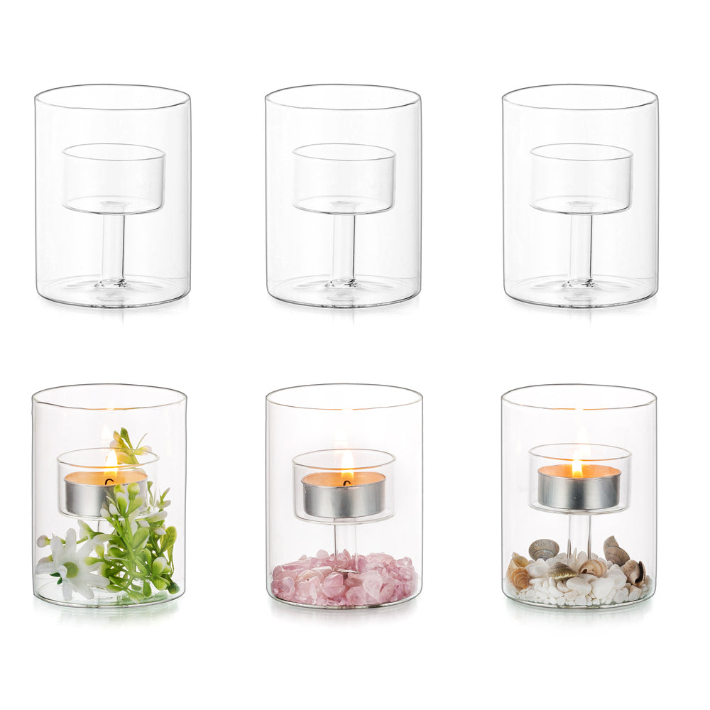 Photophore lanterne-tempête en verre - Lot de 3 photophores transparents pour bougies chauffe-plat, Support de bougie créatif pour centre de table, fête de Noël