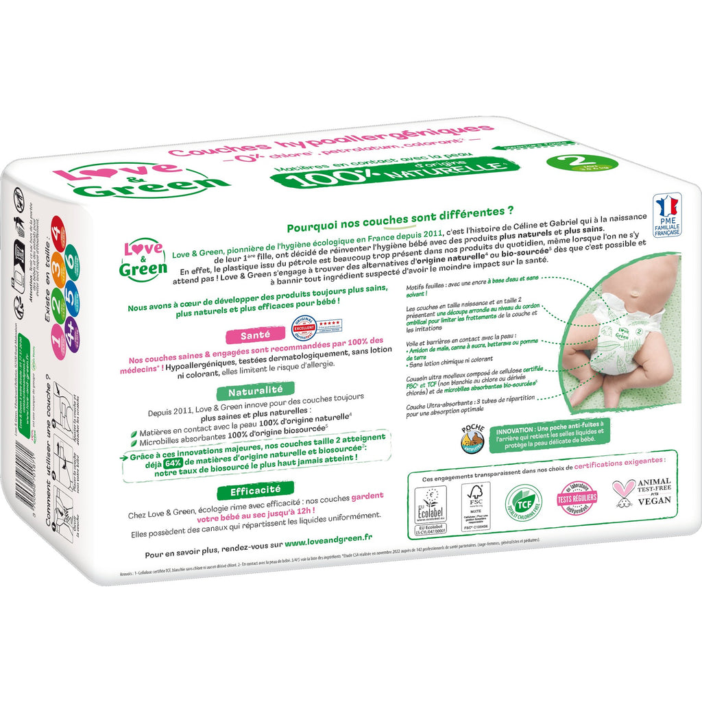 LOVE & GREEN Couches pour bébé Taille 2 3-6 kg Hypoallergéniques - Lot de 4 (176 couches au total)