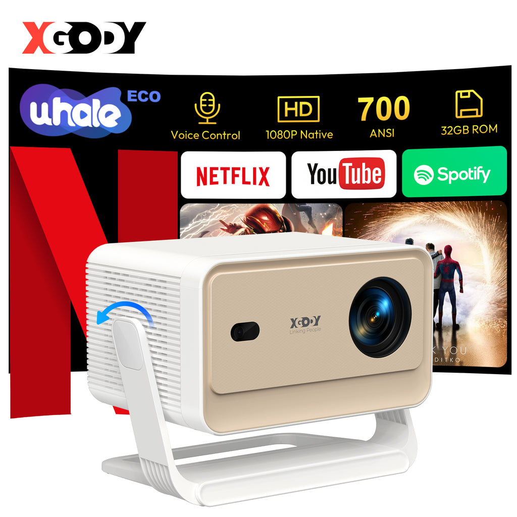 XGODY N6 Pro Projecteur portable, Compatible 4K, 1080p natif et 700 ANSI, WhaleOS3.0, Applications Netflix officielles, Wi-Fi 6, Mise au point automatique + Correction trapézoïdale