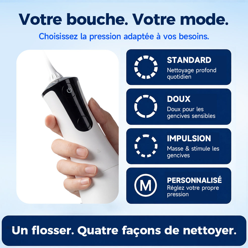 BAIR CARE Hydropulseur dentaire portable M4, Mode pulvérisation pressurisée, Autonomie 30 jours, Rechargeable USB, 4 modes de nettoyage, Étanche IPX7