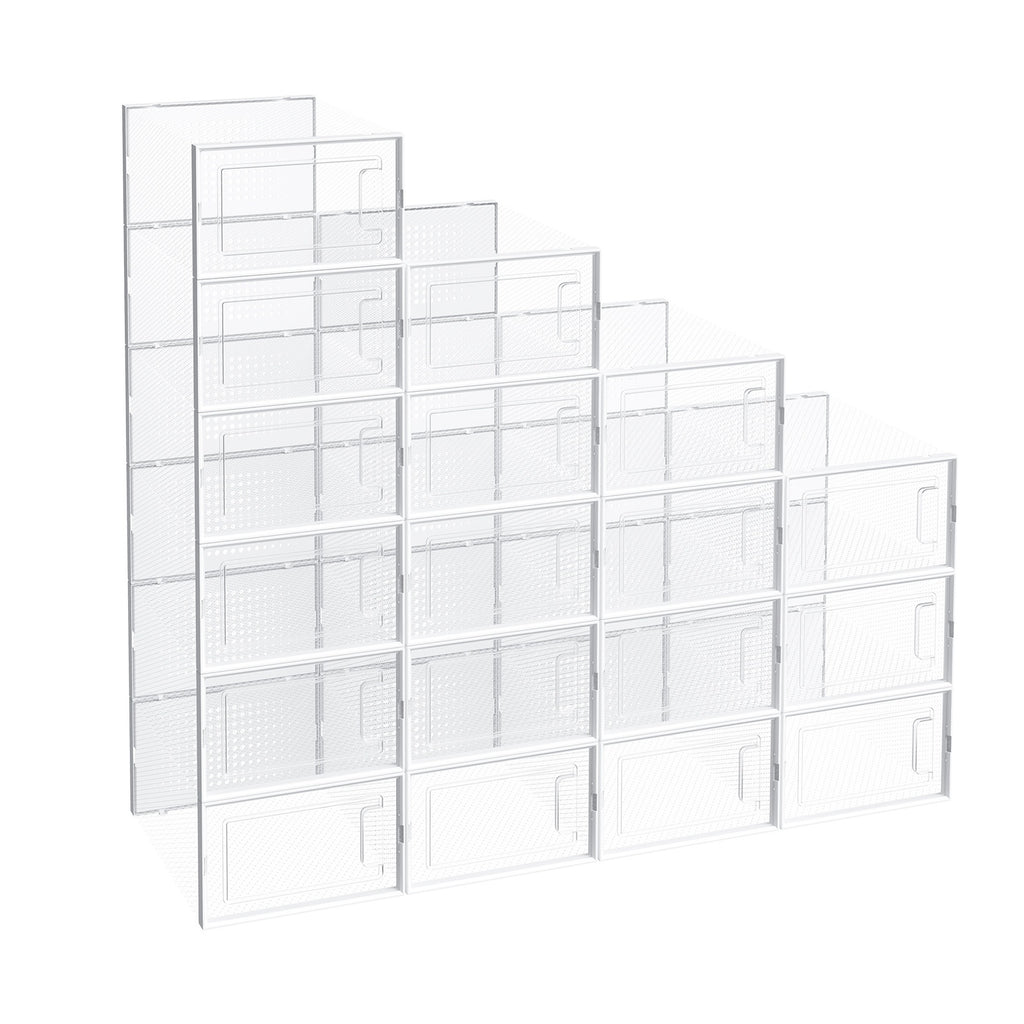 JOYFURNOS 18 Boîtes de Rangement pour Chaussures Empilables Blanc Nuage – Pliable, Convient aux Baskets jusqu'à la Taille UK 11 – Organisateurs Gain de Place pour Armoire ou Entrée