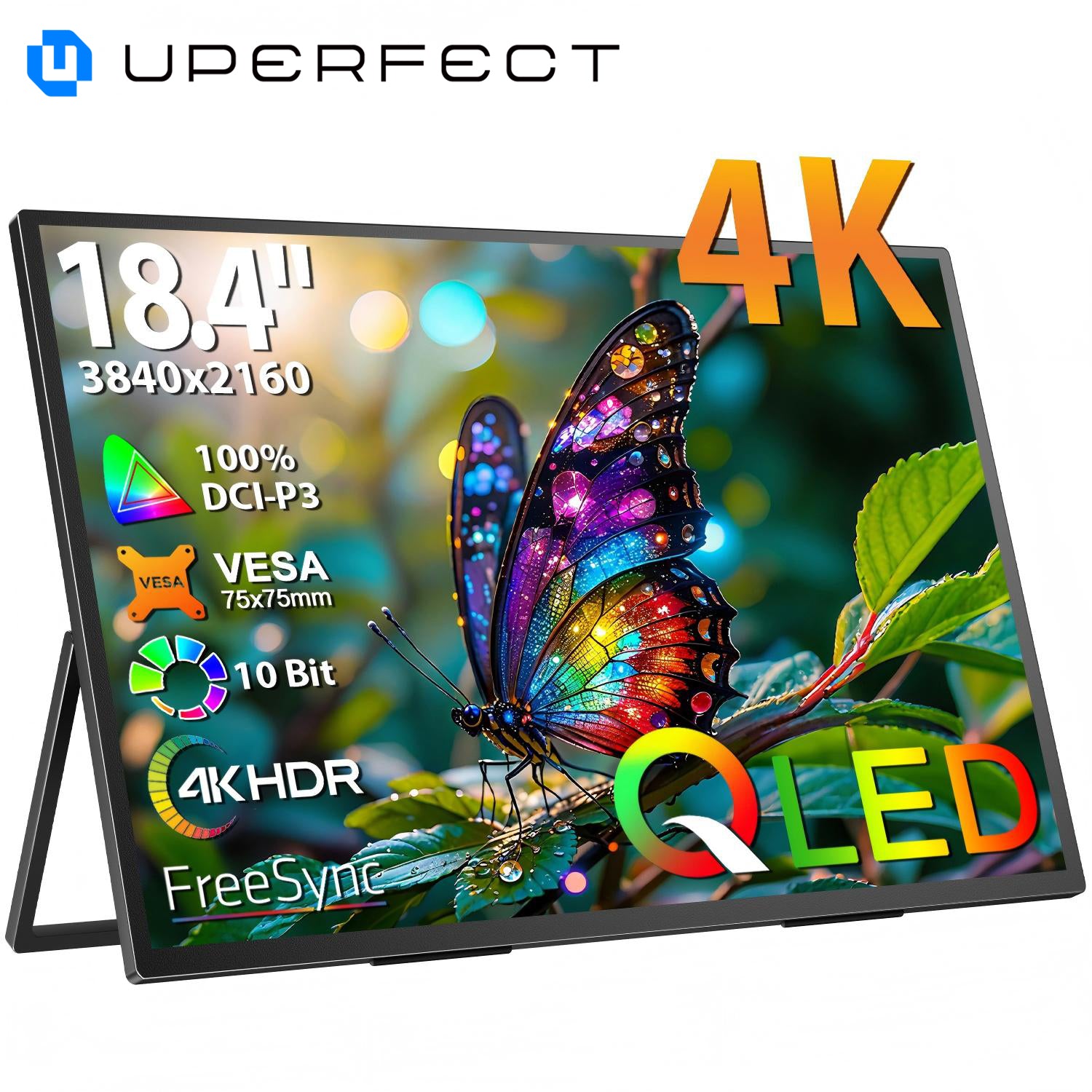 UPERFECT Moniteur portable QLED 4K 18,4 pouces avec écran UHD 3840 x 2160, support intégré, USB-C, Mini-HDMI, pour PC, ordinateur portable, téléphone portable, Xbox, Switch, PS4/5