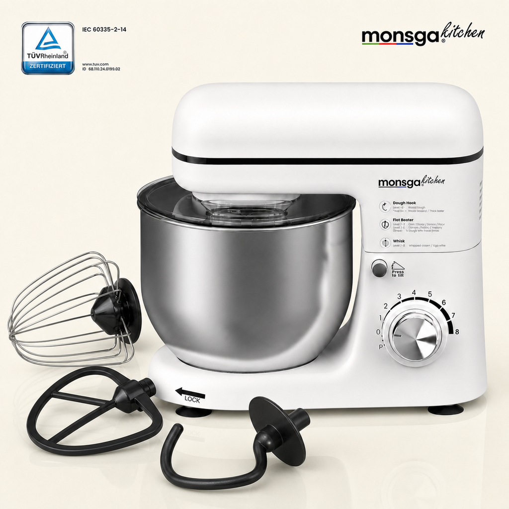 monsga SM100 Robot pâtissier, 1000 W, Blanc crème, Bol mélangeur en acier inoxydable 6,0 L, Silencieux, Avec fouet, Crochet à pétrir en Téflon super antiadhésif (Résistant à 260 °C), Batteur et pare-éclaboussures, 8 réglages de vitesse