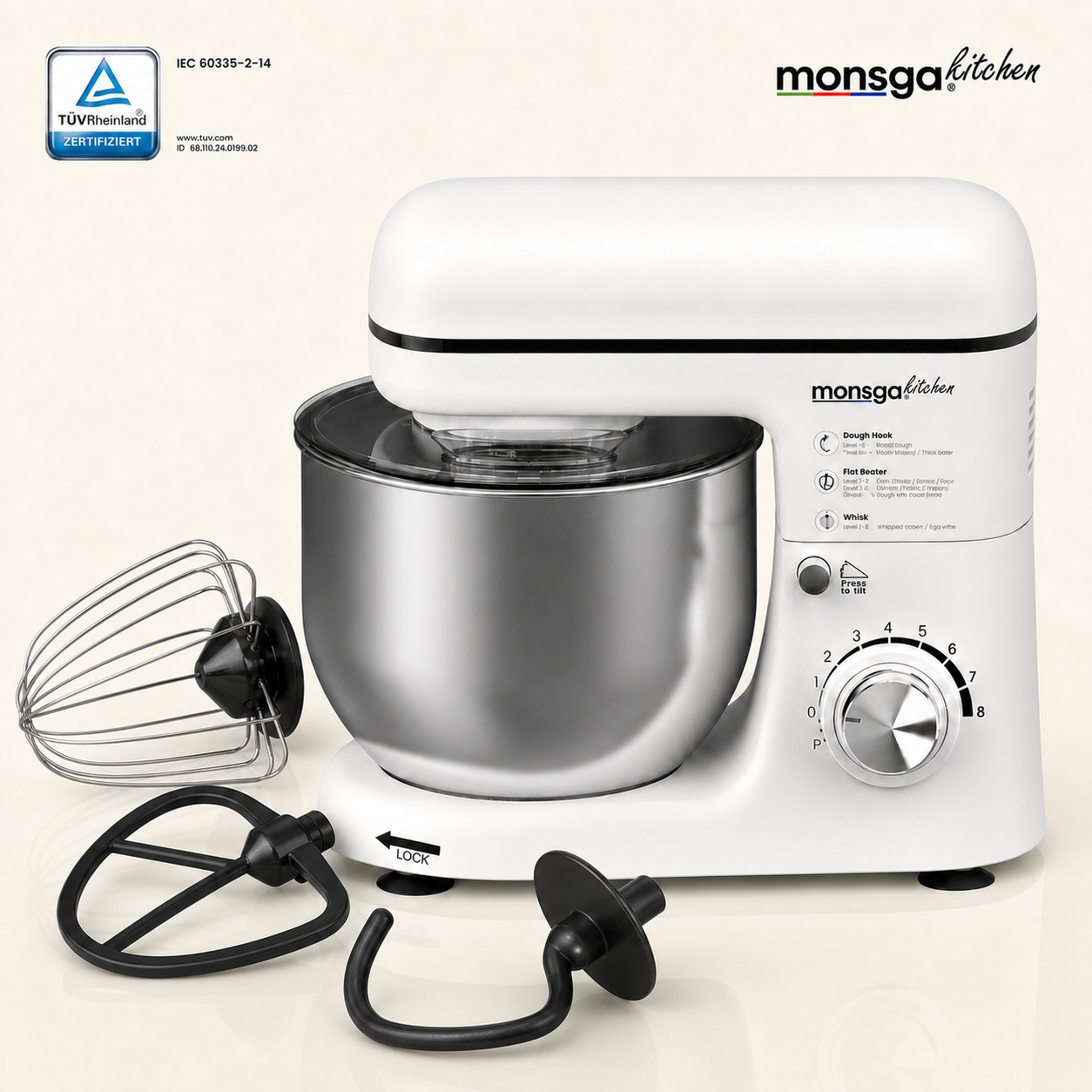 monsga SM100 Robot pâtissier, 1000 W, Blanc crème, Bol mélangeur en acier inoxydable 6,0 L, Silencieux, Avec fouet, Crochet à pétrir en Téflon super antiadhésif (Résistant à 260 °C), Batteur et pare-éclaboussures, 8 réglages de vitesse