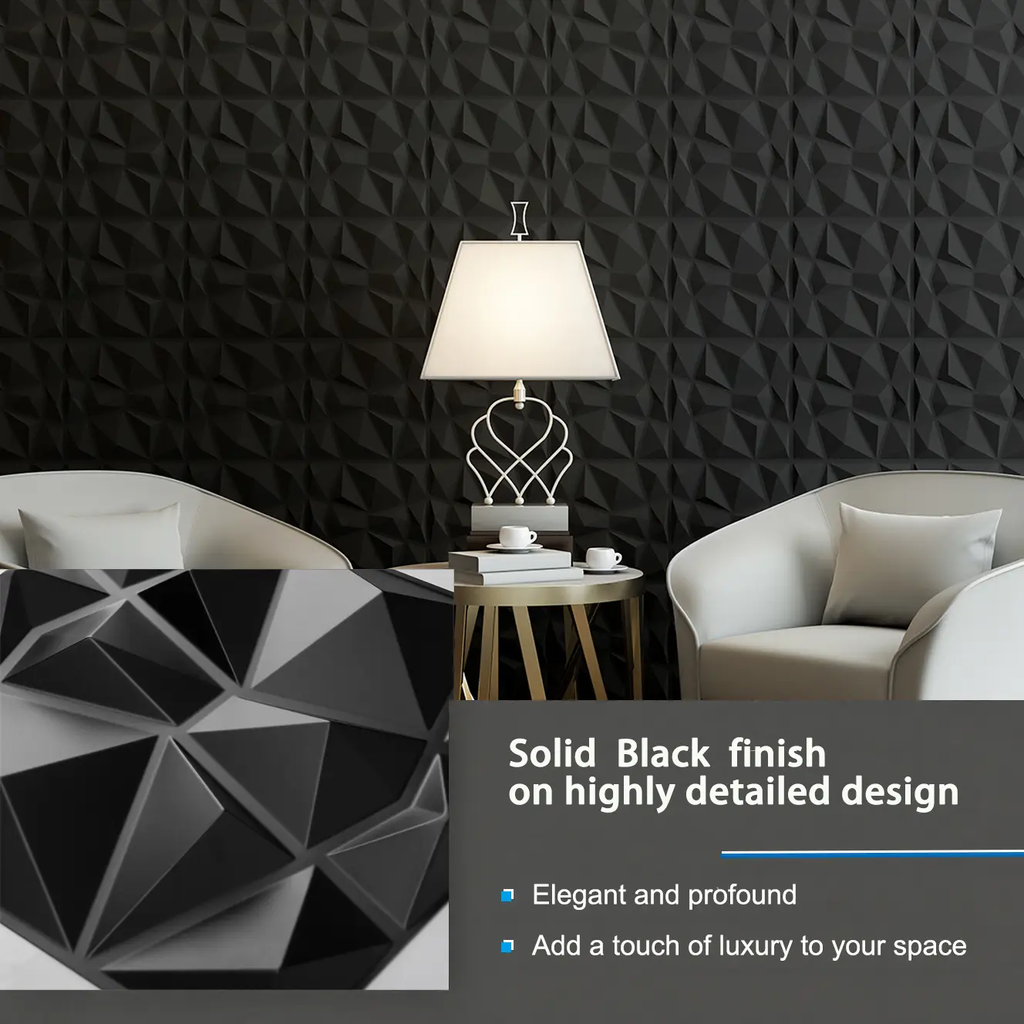 Art3d Panneaux muraux 3D Premium à motif diamant - Noir 30 x 30 cm (Lot de 33)