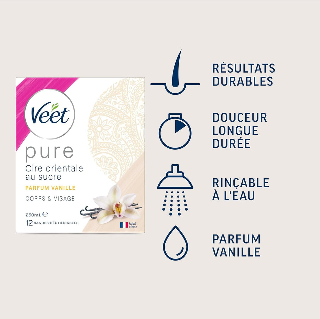 Veet PURE Cire Orientale pour le Corps et le Visage aux Huiles Essentielles Vanille Florale - 250 ml