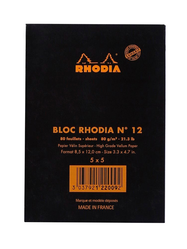 CLAIREFONTAINE Bloc agrafé Rhodia BLACK N°12 8,5x12 cm 80 feuillets petits carreaux 5x5 80 g