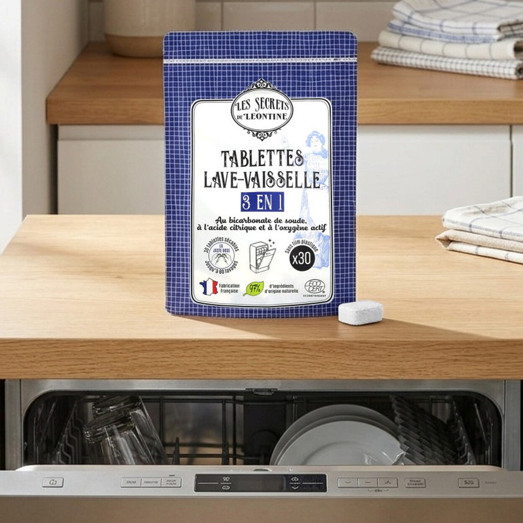 LES SECRETS DE LEONTINE Tablettes Lave-Vaisselle 3 en 1, Bicarbonate de Soude, Acide Citrique & Oxygène Actif, Sans Parfum, 3 x 30 Lavages (= 90 Lavages), 90 Tablettes