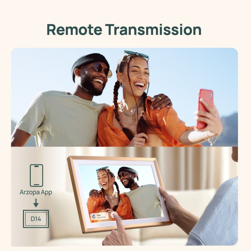 ARZOPA D14 Cadre photo numérique en métal 14 pouces, stockage cloud gratuit, photos et vidéos illimités, partage via application, écran tactile FHD 1920 x 1200, idée cadeau pour la famille