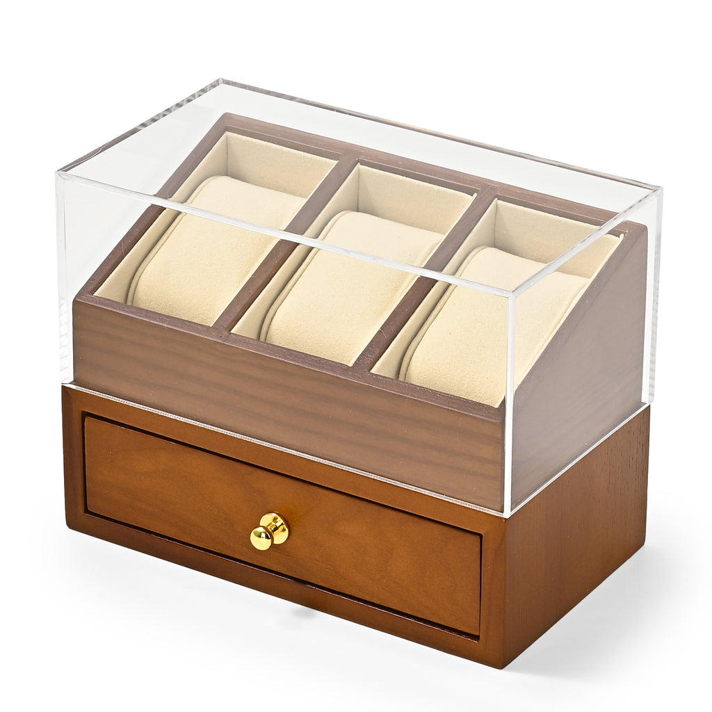 Oirlv 3 Grilds Boîte à montres en bois, organisateur de bijoux à double couche, boîte d'exposition pour montres, boîte de rangement anti-poussière avec couvercle transparent