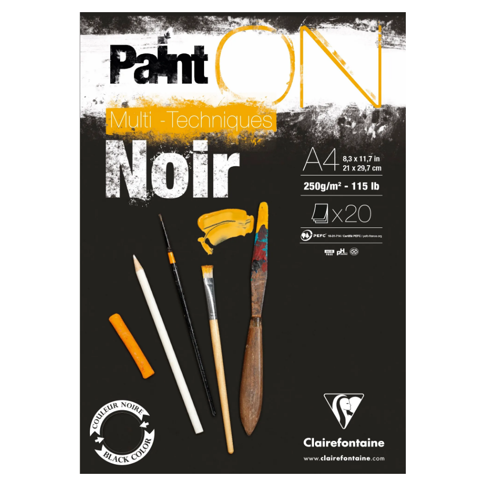 CLAIREFONTAINE Bloc Paint'ON Noir collé en tête 20 feuilles 250g A4