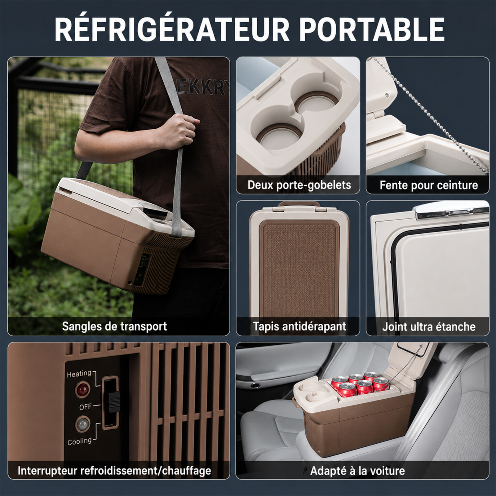 ICEROVER PN-06 Mini réfrigérateur portable 6 L AC/DC, réfrigérateur et chauffeur, pour voiture et maison, gris, réfrigérateur électrique compact avec sangle de transport