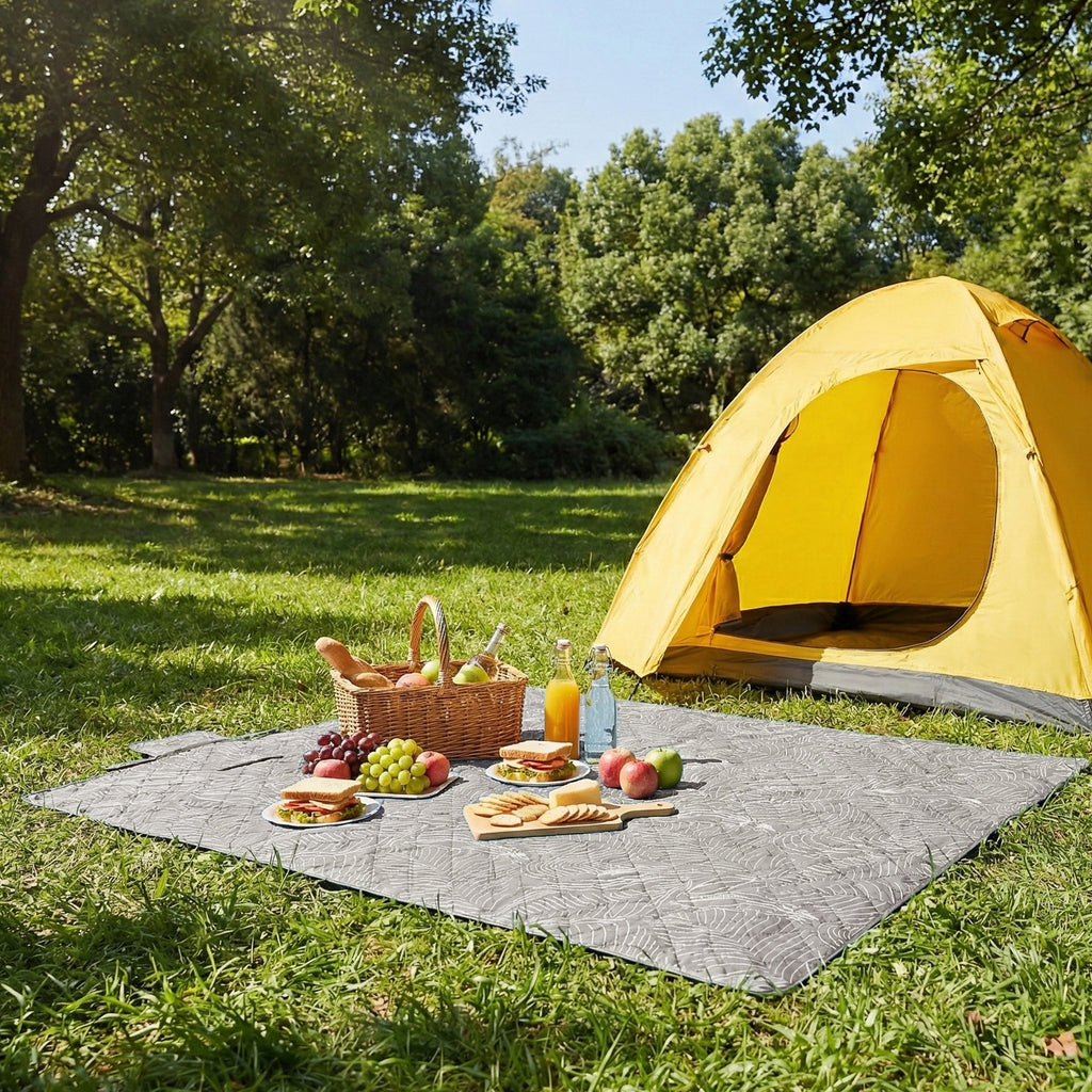 JOYFURNOS Couverture de Pique-nique, 200 x 200 cm, 4 Piquets de Sol, Hydrofuge, Lavable, Pliable, Motif Feuilles et Kaki