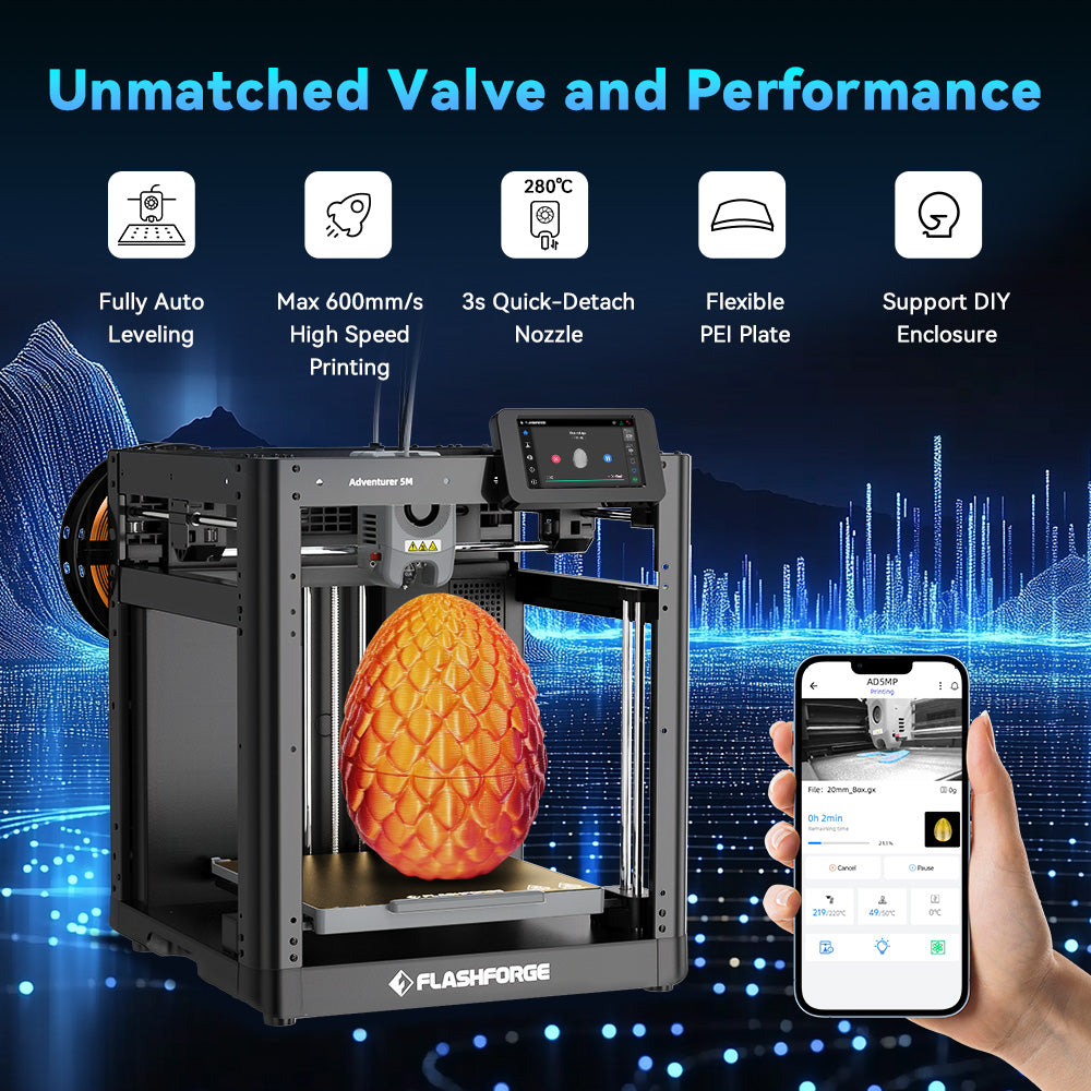 FlashForgeAdventurer 5M Imprimante 3D, vitesse max. 600 mm/s, extrudeuse directe 280 °C, taille d'impression 220 x 220 x 220 mm