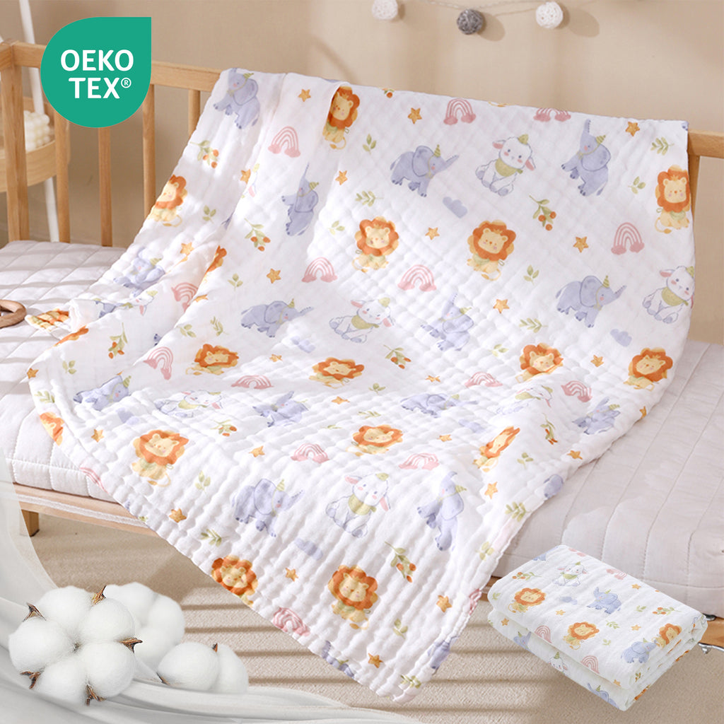 LEBONSOIR - Lot de 2 serviettes pour bébé (1 serviette de bain, 1 carré de mousseline), 100% coton biologique doux, absorbant et respirant, idéal pour nouveau-nés, motif dessin animé - 25 x 50 cm et 70 x 140 cm