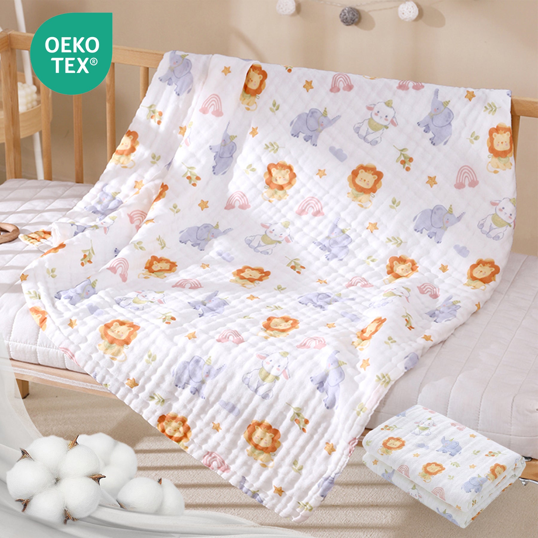 LEBONSOIR - Lot de 2 serviettes pour bébé (1 serviette de bain, 1 carré de mousseline), 100% coton biologique doux, absorbant et respirant, idéal pour nouveau-nés, motif dessin animé - 25 x 50 cm et 70 x 140 cm