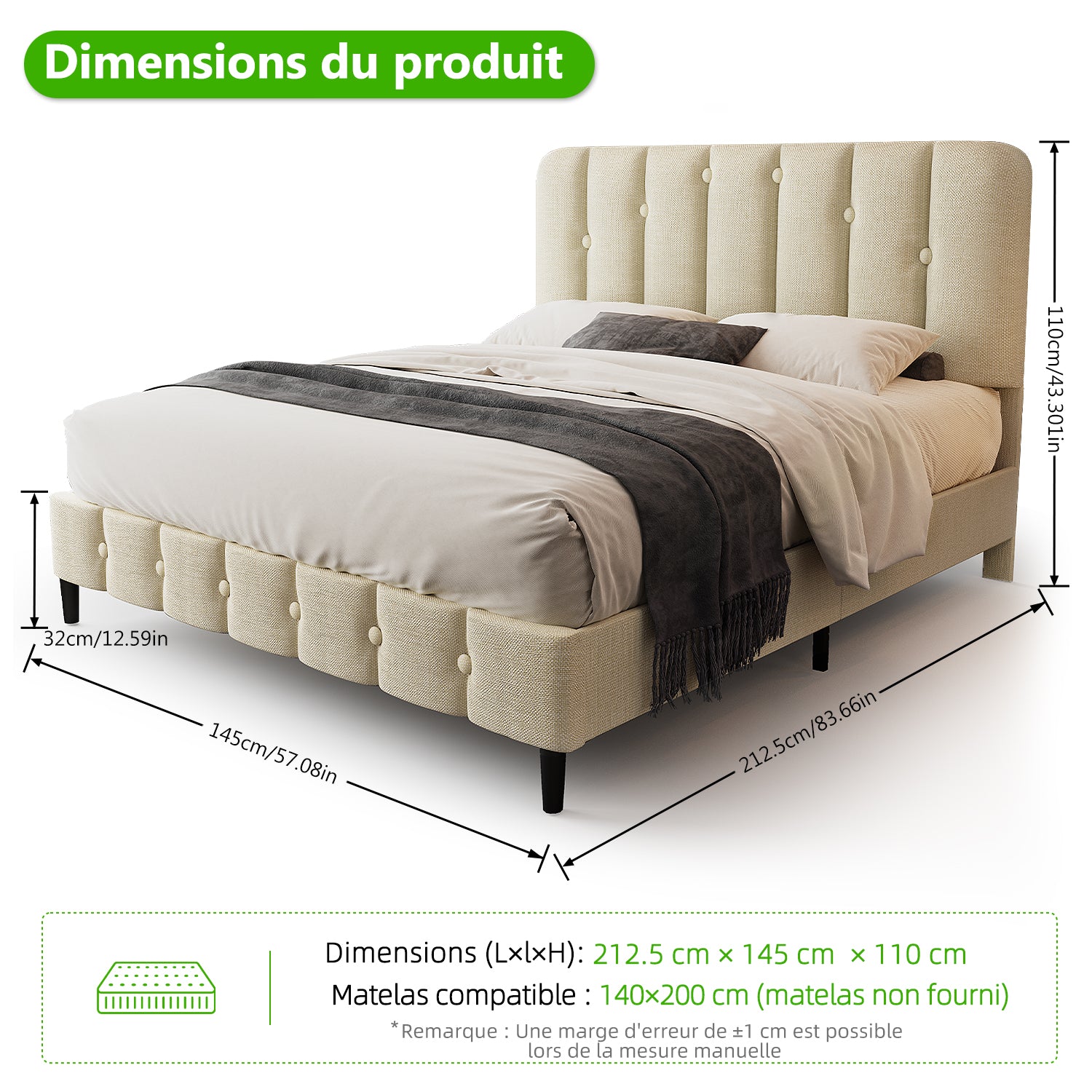GTIMEX Lit capitonné 212,5 x 145 x 110 cm avec sommier à lattes, Capacité de charge statique : 390 kg, Lit double avec tête de lit rembourrée, Montage facile, Cadre robuste et tissu en lin de haute qualité, Beige
