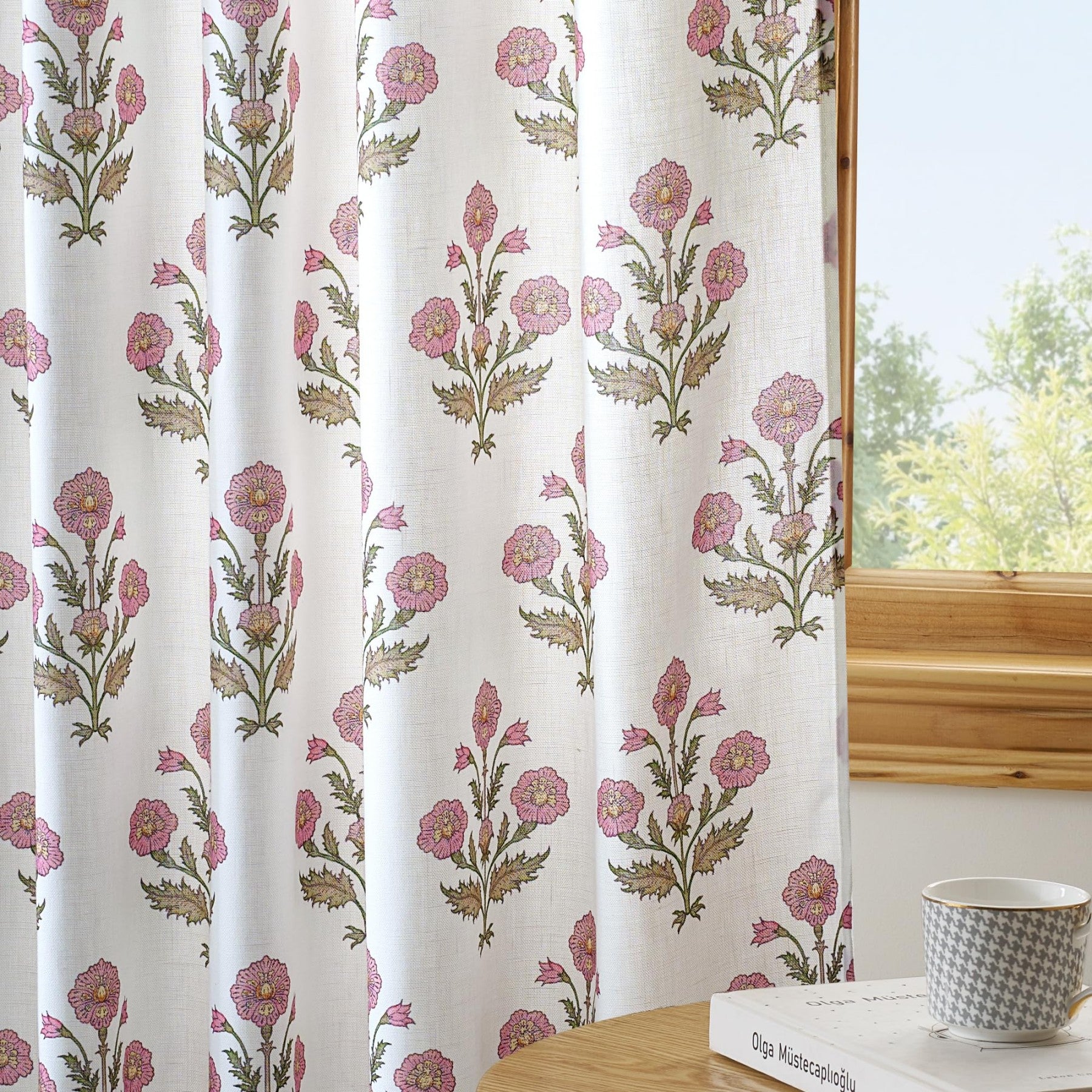 PONY DANCE Rideaux en Lin Floral Imprimé Motif Rose pour Chambre de Fille Chambre Bébé, Bohème Style Maison de Campagne Rideaux de Fenêtre Transparents Aesthétique Filtrant la Lumière