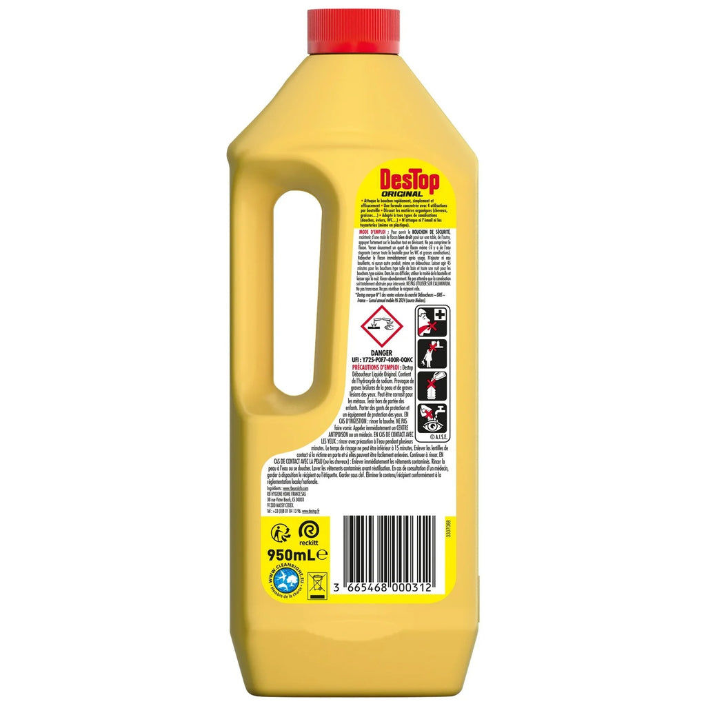 Destop Déboucheur Liquide Multi-Usages, Dissout les Cheveux et la Graisse, Pour Tous Types de Canalisations, 950 ml