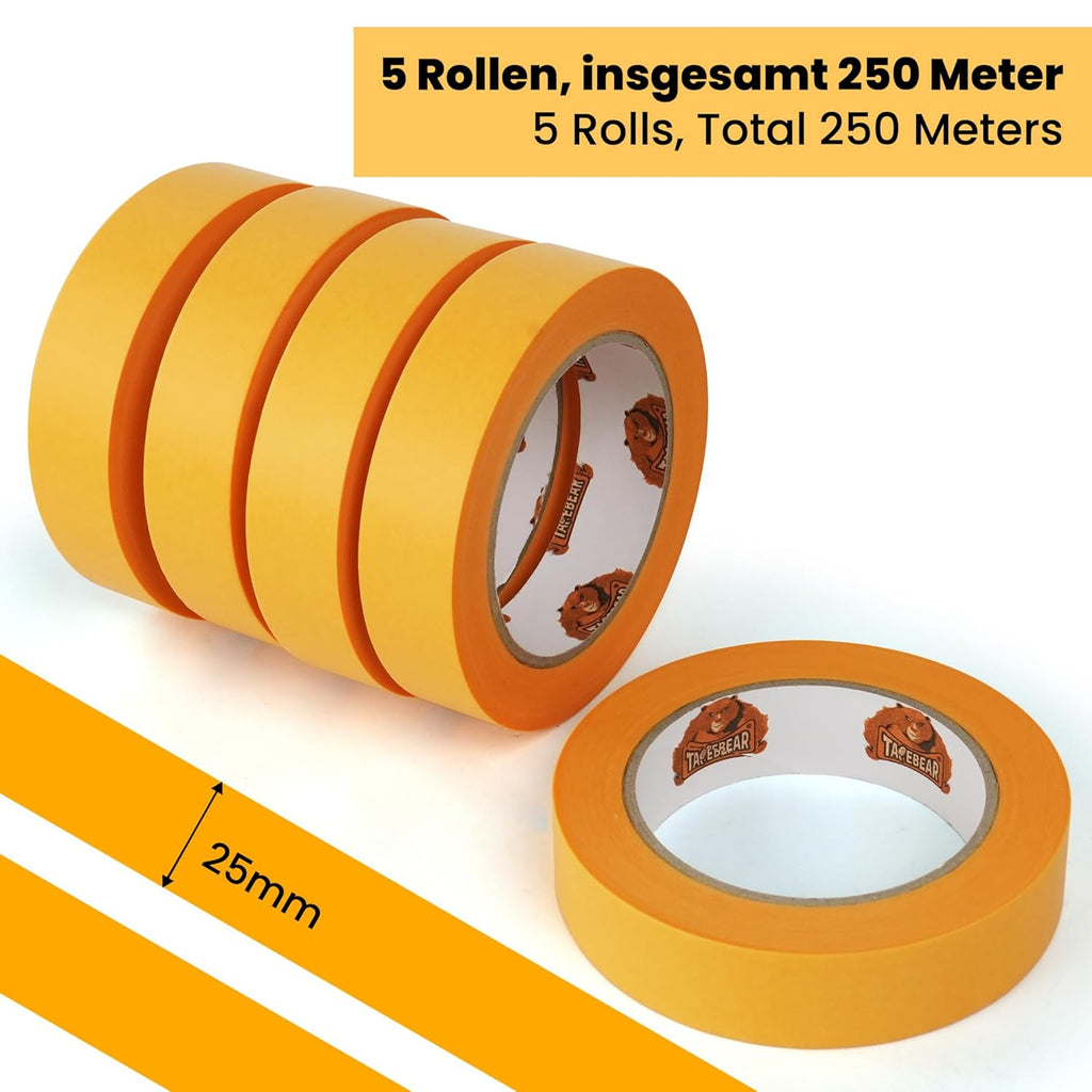 TAPEBEAR Ruban de masquage pour peintre Or 25 mm x 50 m, 5 rouleaux - Ruban de masquage en papier washi pour peinture intérieure et rénovations