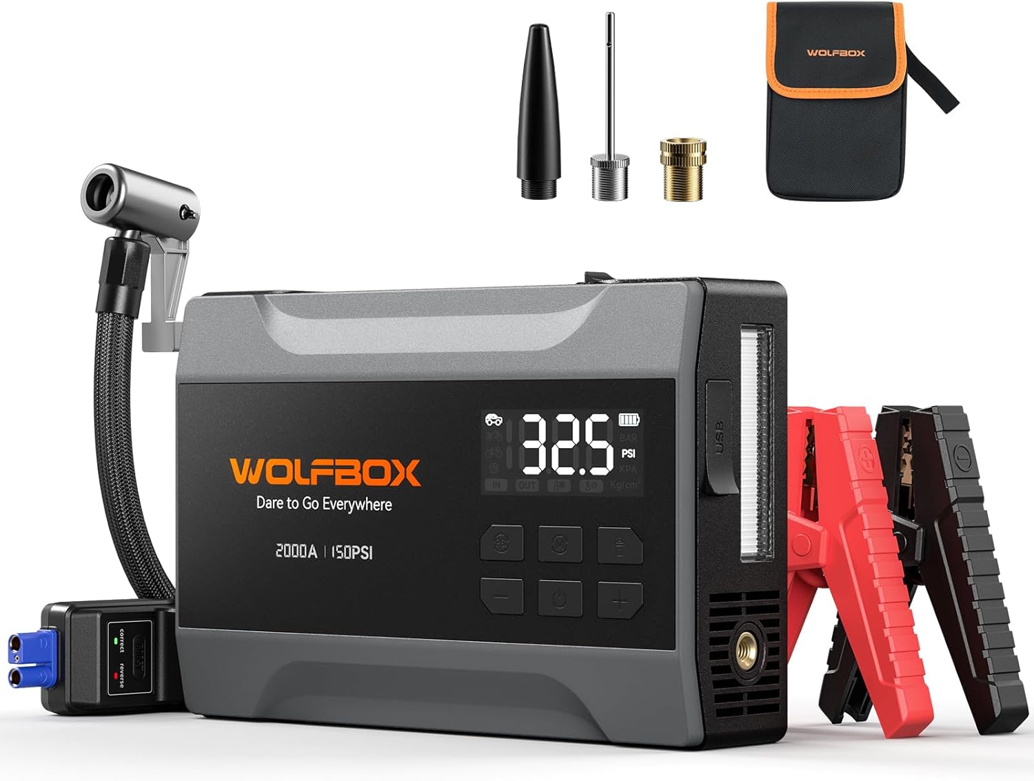 WOLFBOX Booster de démarrage 2000 A avec compresseur d’air, Booster de batterie de voiture portable 37 Wh (jusqu’à moteur essence 5 L) avec gonfleur de pneus 150 PSI